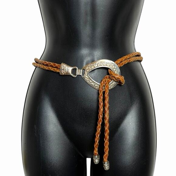 VINTAGE BROWN LEATHER WESTERN LASSO BELT BOHO SILVER HARDWARE 1990s Y2K SIZE L - Picture 1 of 4